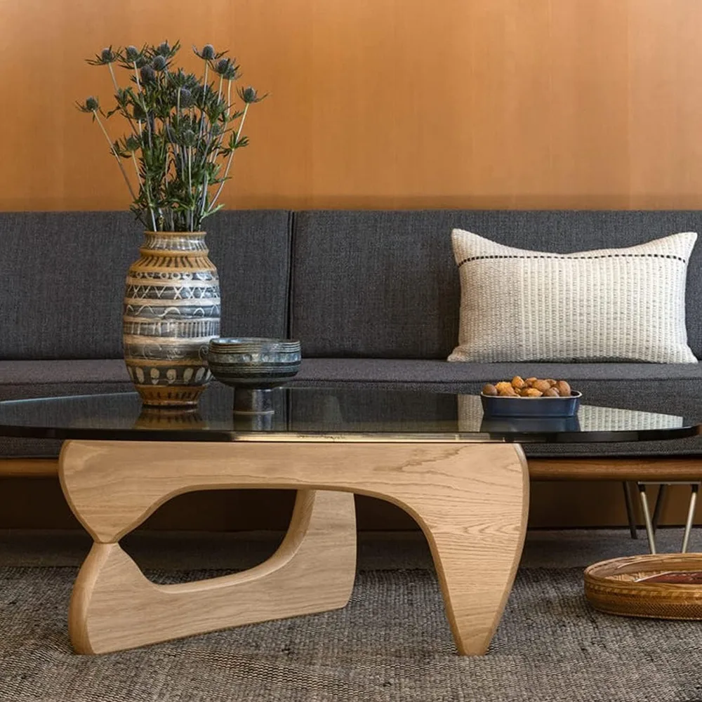 Triangle Glass Coffee Table Modern Noguchi Coffee Table, Vintage Glass, and Wood End Table, Solid Wood Base Accent Coffee Table