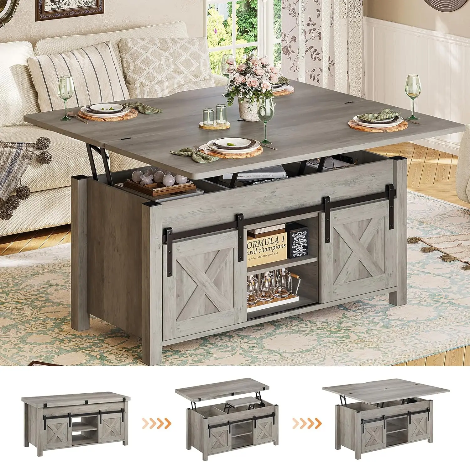 Lift Top Coffee Table, 4 in 1 Multi-Function Convertible Coffee Tables with Storage and Hidden Compartment, Farmhouse Coffee